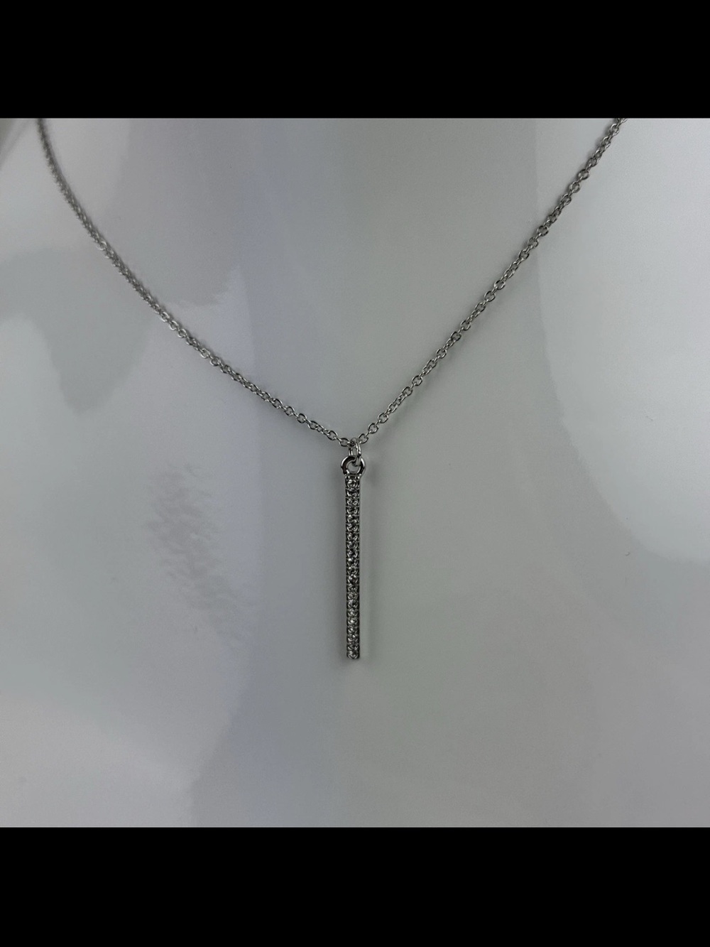 Vertical Bar Necklace Simulated Diamond CZ Pave Pendant Dainty Chain Silver Tone